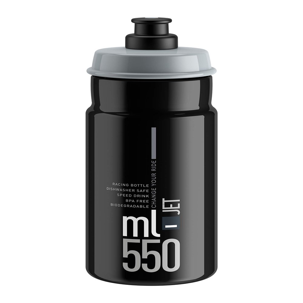 Elite Jet Cycling Water Bottle  550ml  Black with Grey Logo  High-Flow, Biodegradable, BPA-Free