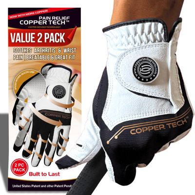 Copper Tech Golf Gloves Men Right Handed Golfer Or Left Handed Golfer (2 Pack)| Copper Compression Joint Support | Flexible & Comfortable Fit with Premium Leather | Tacky Reinforced Palm Pad With Grip