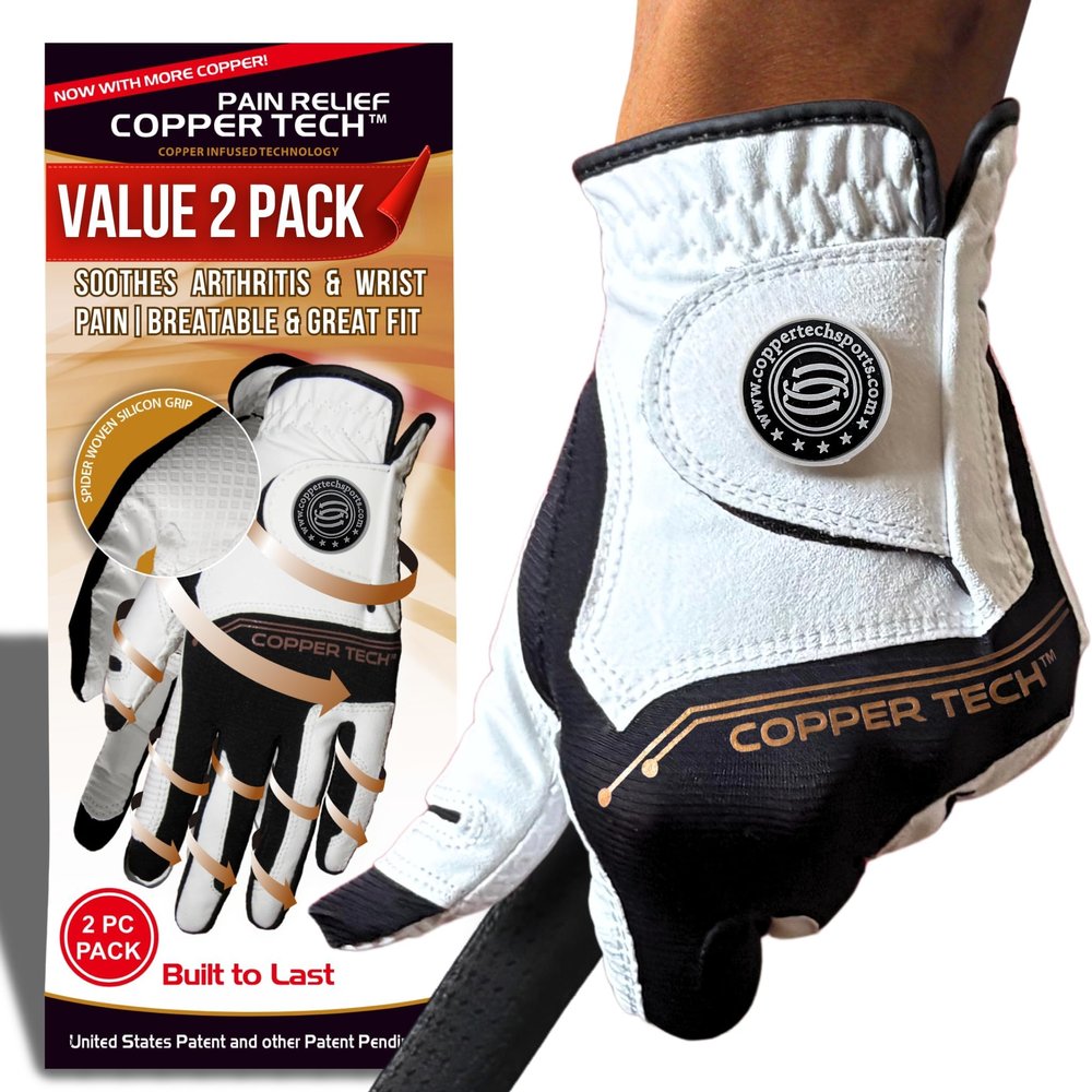 Copper Tech Golf Gloves Men Right Handed Golfer Or Left Handed Golfer (2 Pack)| Copper Compression Joint Support | Flexible & Comfortable Fit with Premium Leather | Tacky Reinforced Palm Pad With Grip