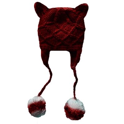 BIBITIME Women Knitted Beanie Hat Cat Ears Warm Earflap Pompom Ball Handmade Cap (Wine Red, One Size for Adult)