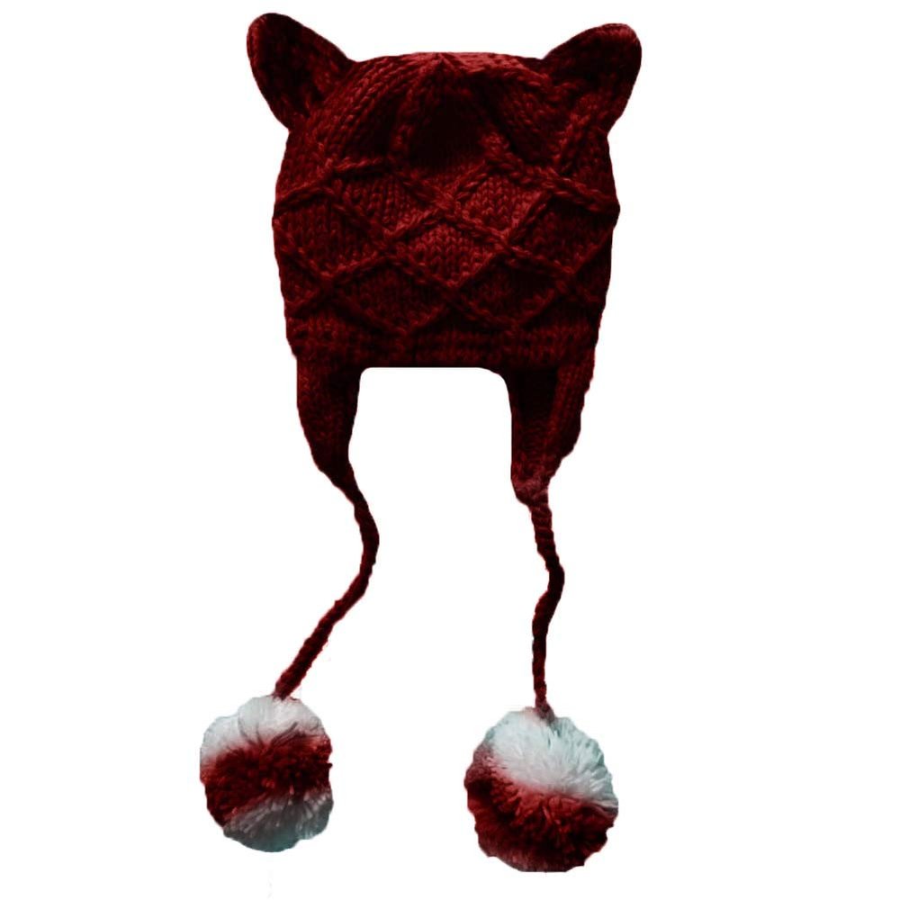 BIBITIME Women Knitted Beanie Hat Cat Ears Warm Earflap Pompom Ball Handmade Cap (Wine Red, One Size for Adult)