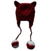 BIBITIME Women Knitted Beanie Hat Cat Ears Warm Earflap Pompom Ball Handmade Cap (Wine Red, One Size for Adult) view 1