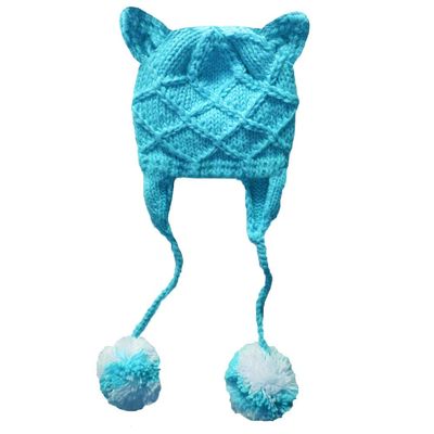BIBITIME Women Knitted Beanie Hat Cat Ears Warm Earflap Pompom Ball Handmade Cap (Sky Blue, One Size for Adult)