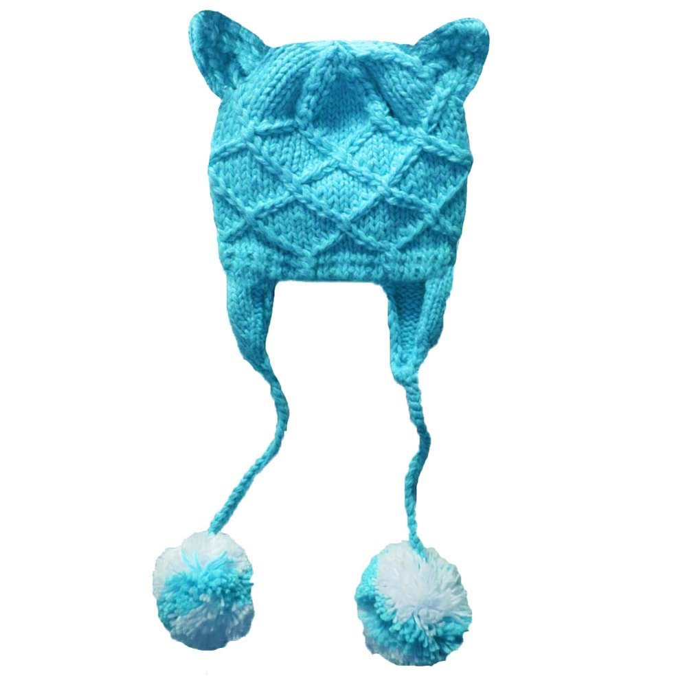 BIBITIME Women Knitted Beanie Hat Cat Ears Warm Earflap Pompom Ball Handmade Cap (Sky Blue, One Size for Adult)