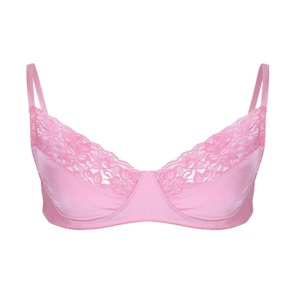 Aislor Men's Sissy Lingerie Floral Lace Wire-Free Unlined Bra Top Bralette Crossdress Underwear Pink Large
