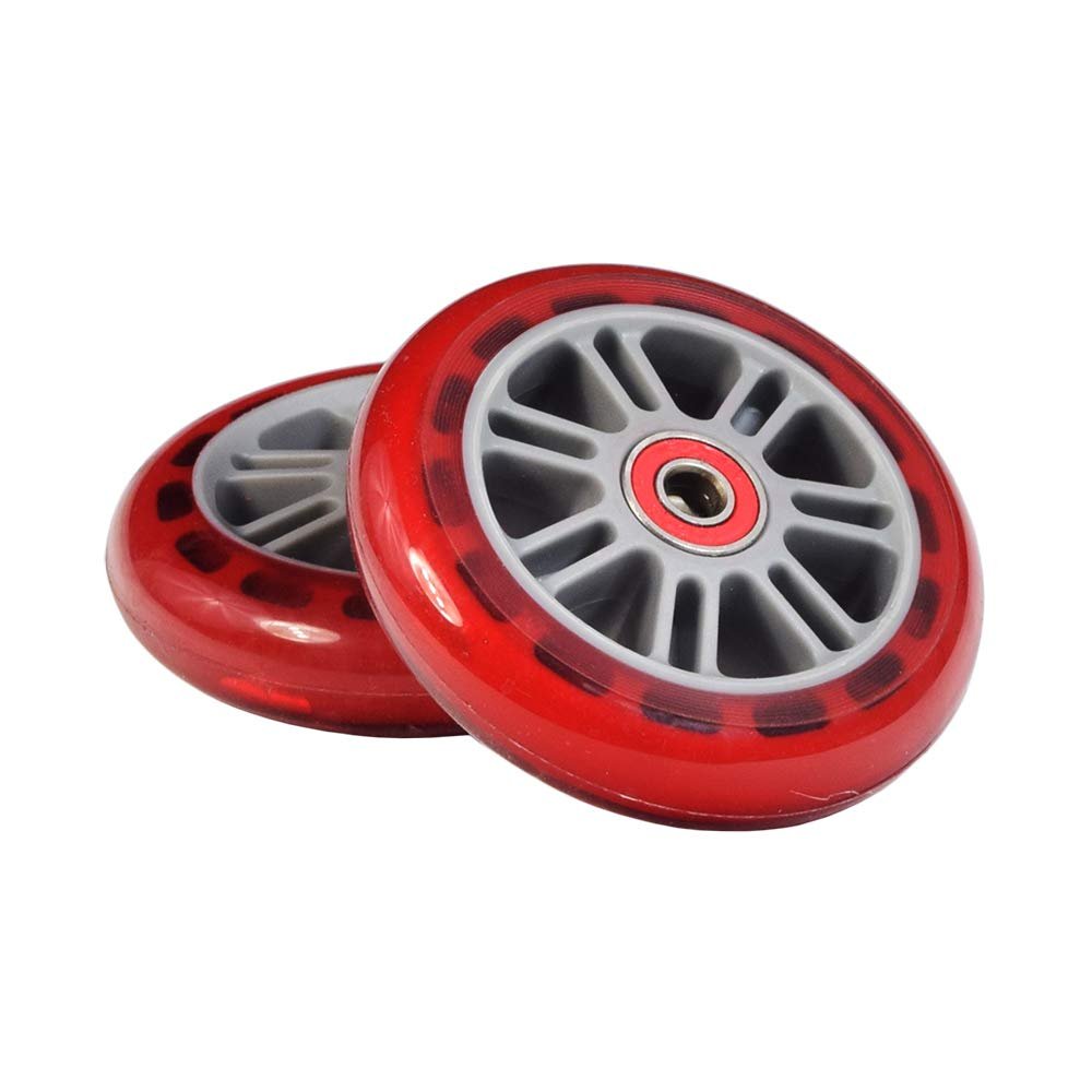 AlveyTech 98 mm Razor A Kick Scooter Wheels with Bearings and 7 Spoke Rims (Set of 2) (Clear Red Wheel Gray Hub)