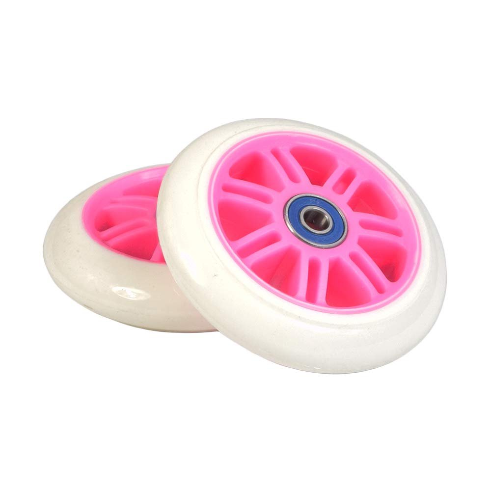 AlveyTech 98 mm Razor A Kick Scooter Wheels with Bearings and 7 Spoke Rims (Set of 2) (White Wheel Pink Hub)