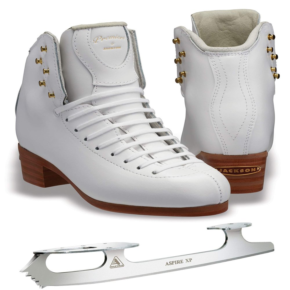 SKATE GURU Jackson Ultima - Figure Skates Bundle with Blades - Premier DJ2800 / DJ2801 - White Size: Kids 1 / Width: Narrow (R, B)