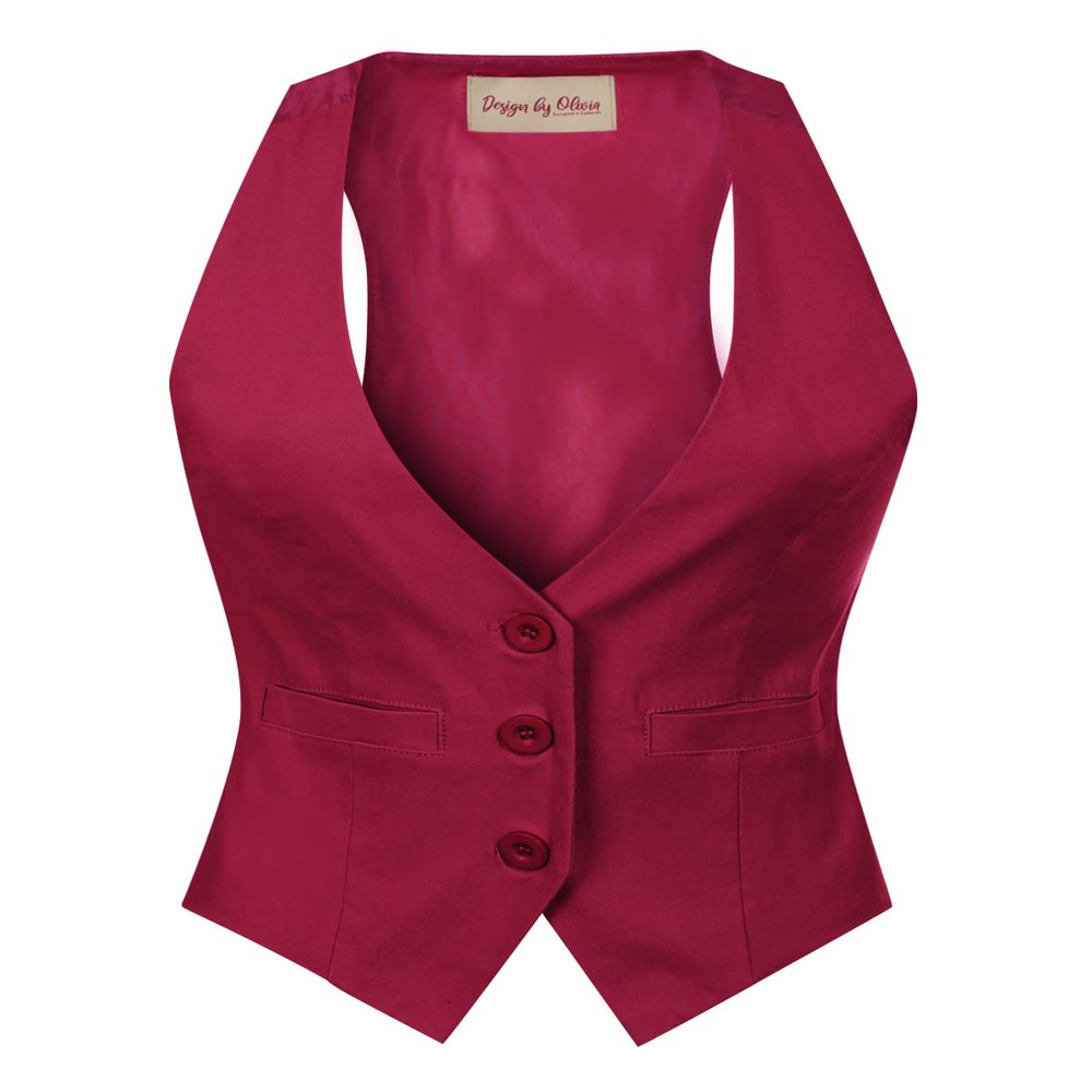 Design by Olivia Women's Dressy Casual Versatile Racerback Vest Three Button Tuxedo Suit Waistcoat Burgundy S