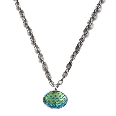 Victorian Vault Black Velvet Dragon Scales Steampunk Gothic Necklace Pendant on Chain (Green Aqua)