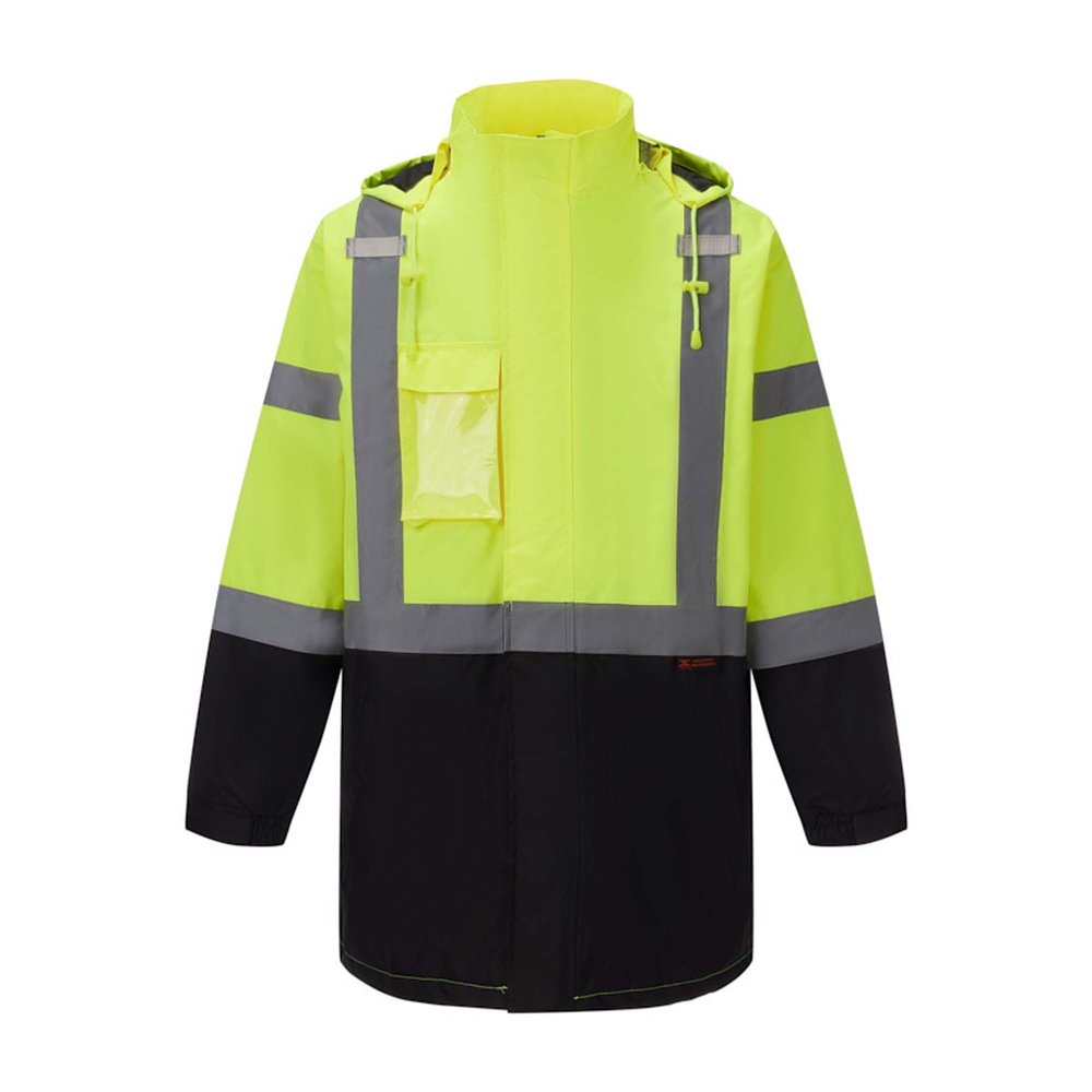3C Products ANSI Class 3 Safety Green Parka Jacket w/Black Bottom, Hood and Water Resistant (X-Large)