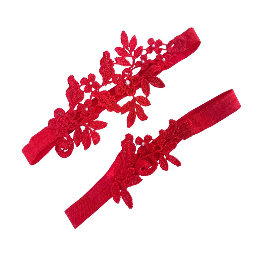 Oyabridal Wedding Garters for Bride Bridal Garter Set Leaf Garter for Wedding Plus Size W09 (Red)