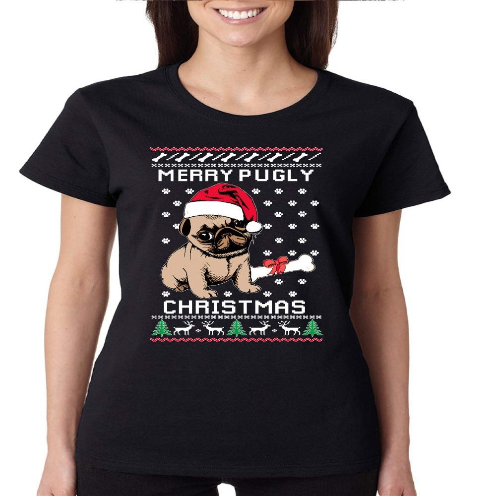 ALLNTRENDS Merry Pugly Christmas Women's T Shirt Ugly Christmas Dog Tee (L, Black)