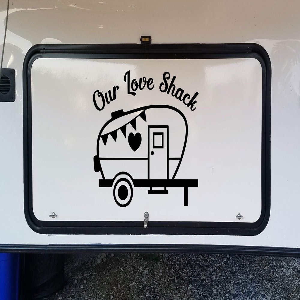 Minglewood Trading Turquoise Our Love Shack Vinyl Decal - Camping Trailer RV - Die Cut Sticker - 24w x 20h inches