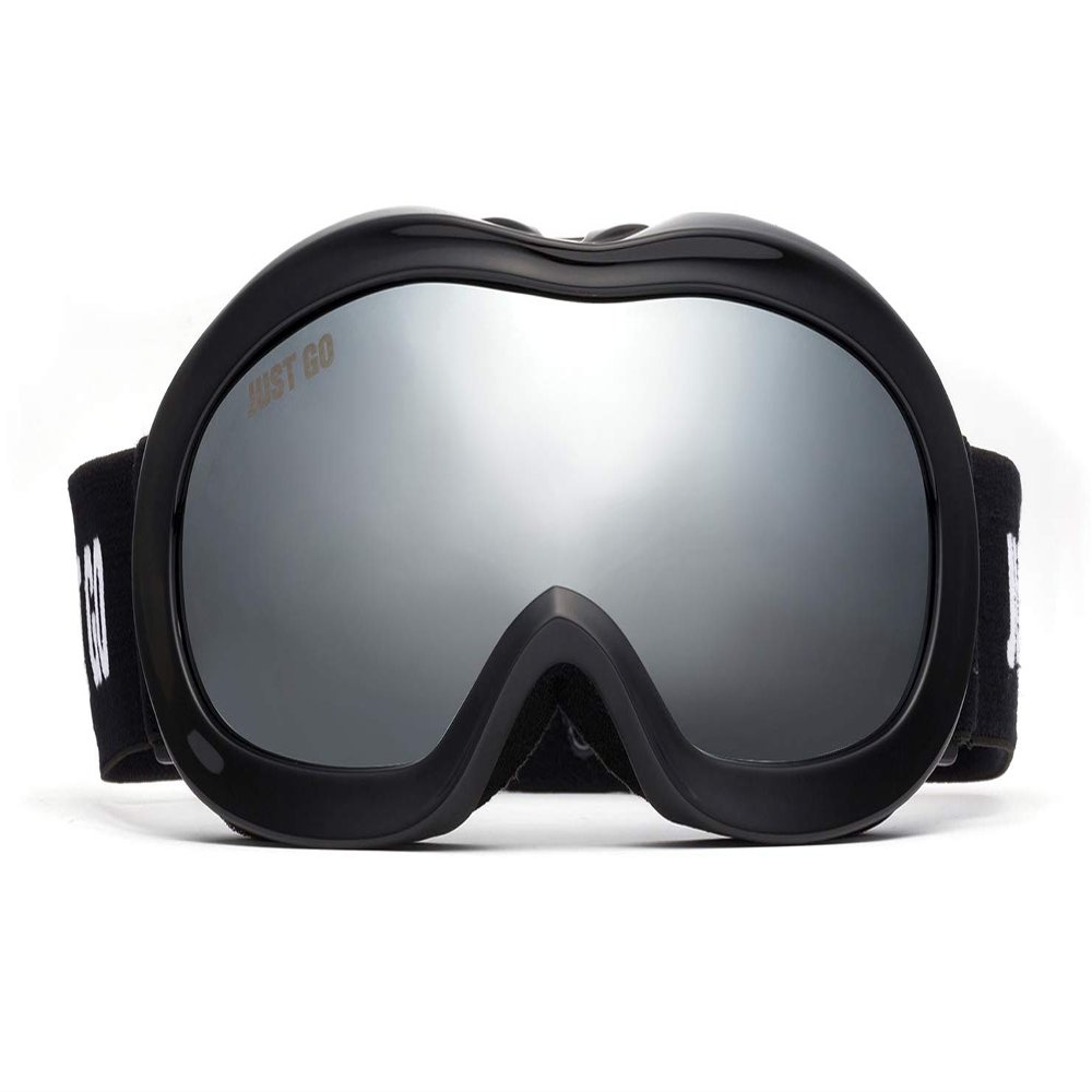 JUST GO Kids Ski Goggles with EVA case, Snowboard Snow Goggles Anti-Fog Double-Layer UV 400 Protection Lens for Boy and girl, Black Frame, Silver Lens (VLT 10.6%) with EVA Case