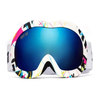 JUST GO Kids Ski Goggles with EVA case, Snowboard Snow Goggles Anti-Fog Double-Layer UV 400 Protection Lens for Boy and girl, Multicolour Frame, Blue REVO Lens (VLT 10.3%) with EVA Case