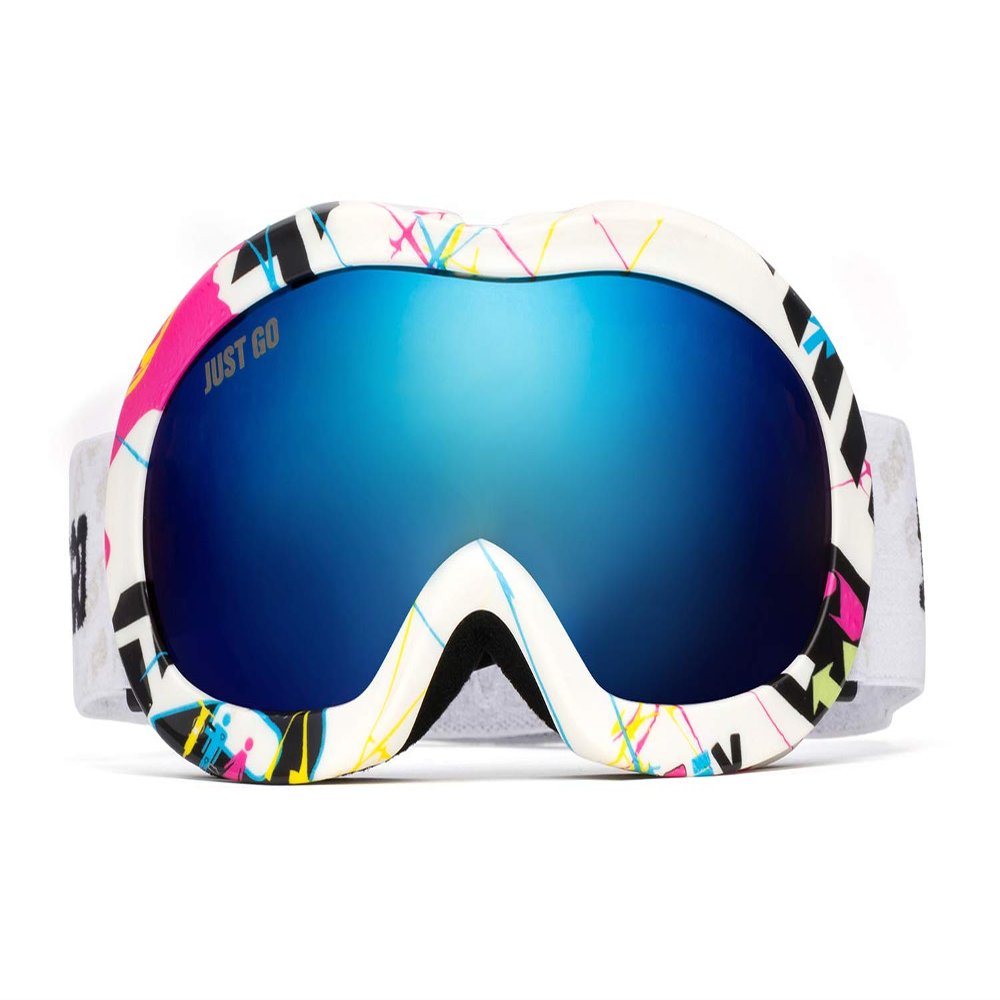 JUST GO Kids Ski Goggles with EVA case, Snowboard Snow Goggles Anti-Fog Double-Layer UV 400 Protection Lens for Boy and girl, Multicolour Frame, Blue REVO Lens (VLT 10.3%) with EVA Case