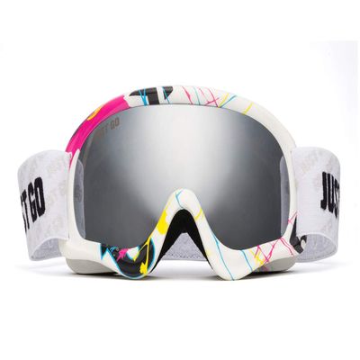 JUST GO Kids Ski Goggles with EVA case, Snowboard Snow Goggles Anti-Fog Double-Layer UV 400 Protection Lens for Boy and girl, Multicolour Frame, Silver Lens (VLT 13.2%)