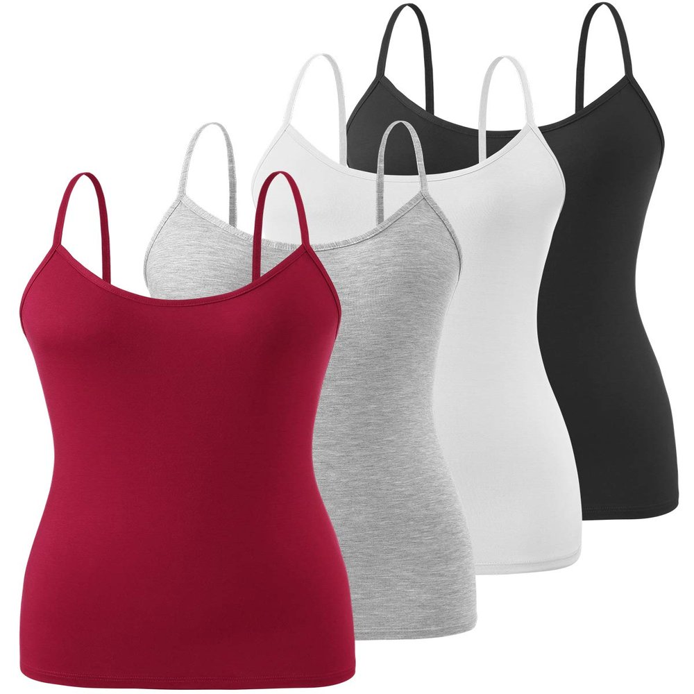 Air Curvey 4 Pack Camisole Tops for Women Basic Undershirt Tanks Adjustable Spaghetti Straps Camis Seamless Soft Layering Top Black White Grey Wine Red M