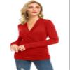 Afibi Womens Slim Fitted Deep V Neck Cross Wrap Top Long Sleeve T-Shirts (Small, Red) view 3