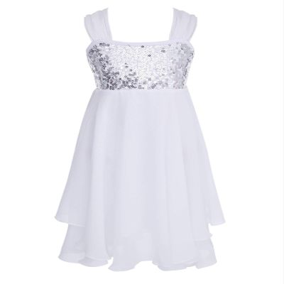 Aislor Kid Girls Chiffon Sequins Adjustable Shoulder Straps Lyrical Dance Costume Ballet Dance Gymnastics Leotard Dress White 6 Years