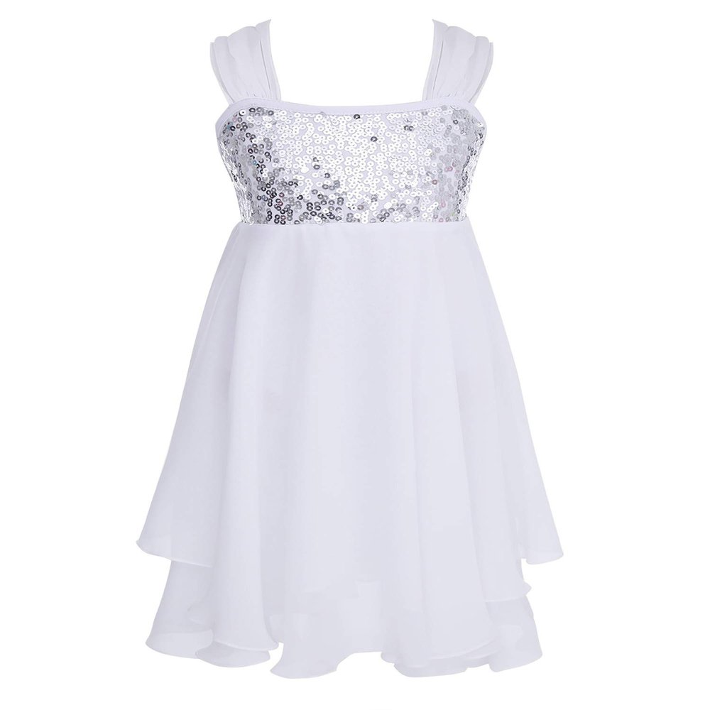 Aislor Kid Girls Chiffon Sequins Adjustable Shoulder Straps Lyrical Dance Costume Ballet Dance Gymnastics Leotard Dress White 6 Years