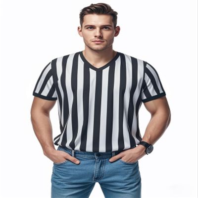 ChinFun Sporting Goods Referee Shirt for Mens and Womens, Black and White Stripe Umpire Jersey V Neck Ref Uniform for Football Halloween Size L