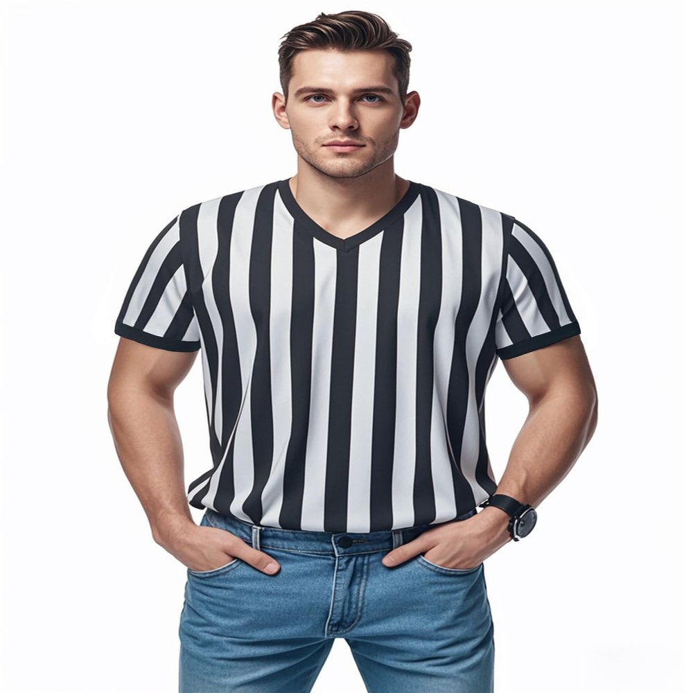 ChinFun Sporting Goods Referee Shirt for Mens and Womens, Black and White Stripe Umpire Jersey V Neck Ref Uniform for Football Halloween Size L