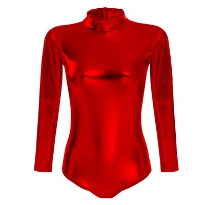 Women Shiny Metallic Patent Leather Ballet Dance Leotard Spandex One Piece Mock Neck Athletic Tank Bodysuit Gymnastic Training Dancewear Top Party Costume Clubwear Red Medium
