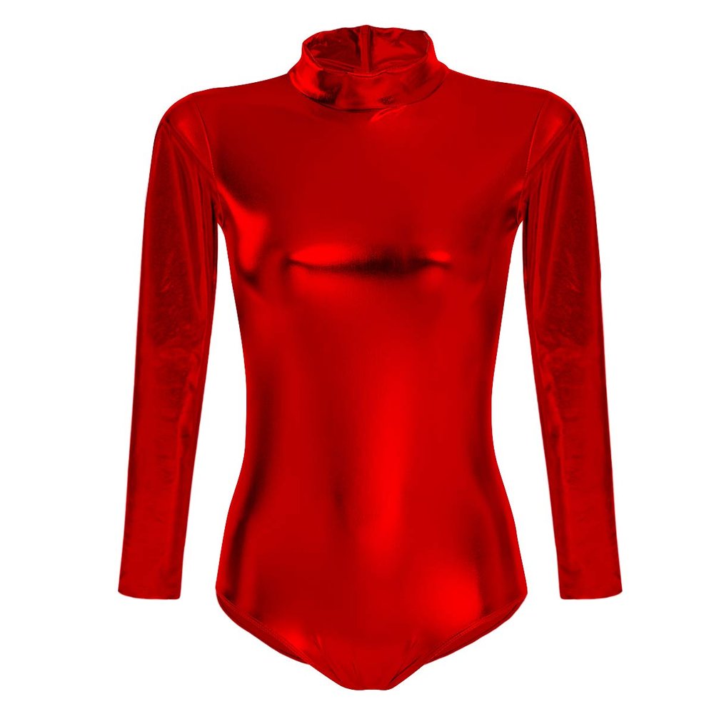 Women Shiny Metallic Patent Leather Ballet Dance Leotard Spandex One Piece Mock Neck Athletic Tank Bodysuit Gymnastic Training Dancewear Top Party Costume Clubwear Red Medium