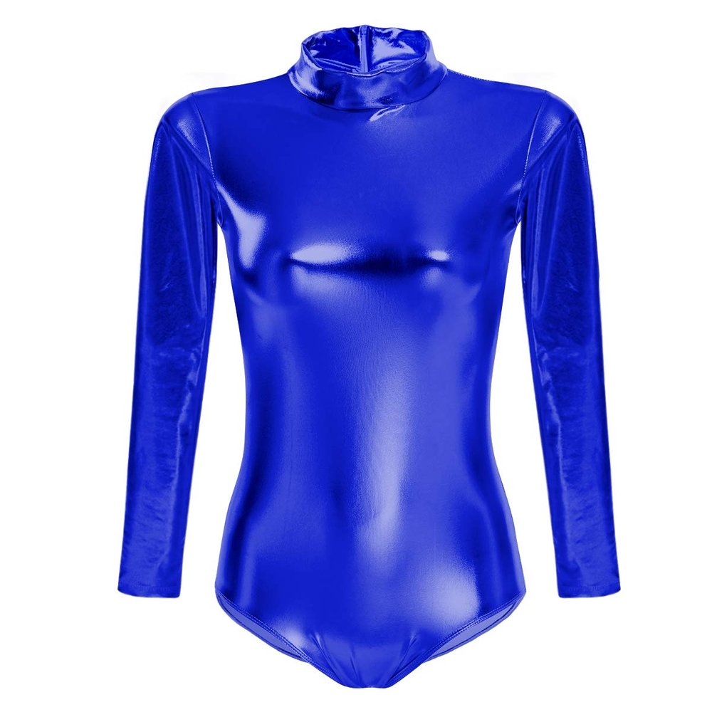 Women Shiny Metallic Patent Leather Ballet Dance Leotard Spandex One Piece Mock Neck Athletic Tank Bodysuit Gymnastic Training Dancewear Top Party Costume Clubwear Royal Blue Medium