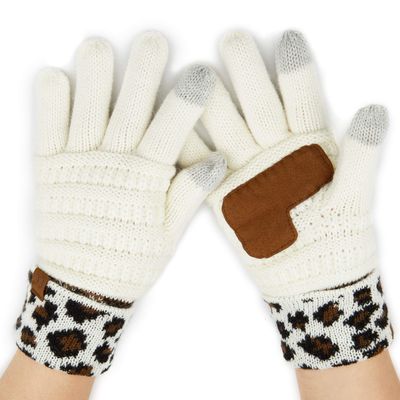 C.C Women Leopard Cuff Ribbed Glove with Smart Tips (G-80) (Leopard-Ivory)