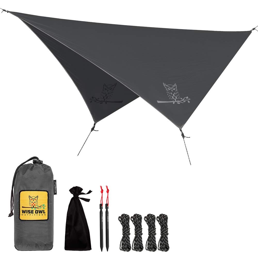 Wise Owl Outfitters Hammock Rain Fly  Waterproof Camping Tarp Cover with Tent Stakes & Carry Bag, Ultralight Shelter for Backpacking & Outdoor Shade