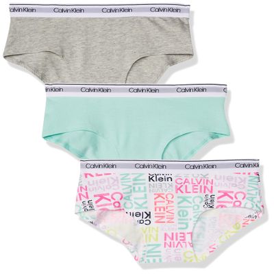 Calvin Klein Kids Girls' Modern Cotton Hipster Underwear 3-Pack, Heather Grey/Teal/Signature White, Small