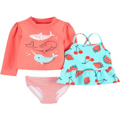 Simple Joys by Carter's Girls' 3-Piece Assorted Rashguard Sets, Narwhal/Berries, 3T
