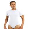 iiniim Men One Piece Short Sleeve Undershirt Press Button Crotch Jumpsuit Bodysuit Romper Leotard Tops White Round Neck X-Large view 2