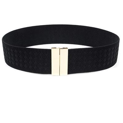 Women Elastic Waist Belts For Dress Jumpsuit With Gold Interlock Buckle Waistbands Cinch Cummerbunds Stretch Belt (rhombus Black, Waist :25-32Inch)