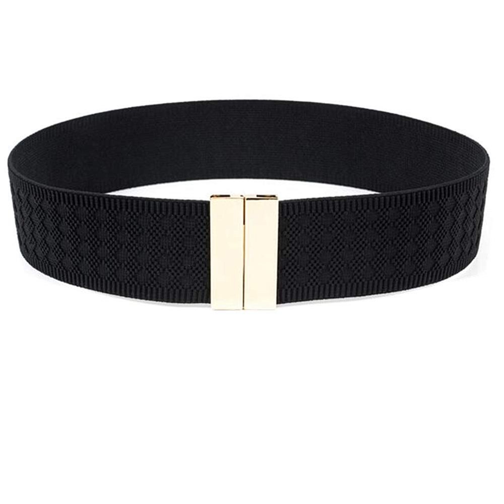 Women Elastic Waist Belts For Dress Jumpsuit With Gold Interlock Buckle Waistbands Cinch Cummerbunds Stretch Belt (rhombus Black, Waist :25-32Inch)