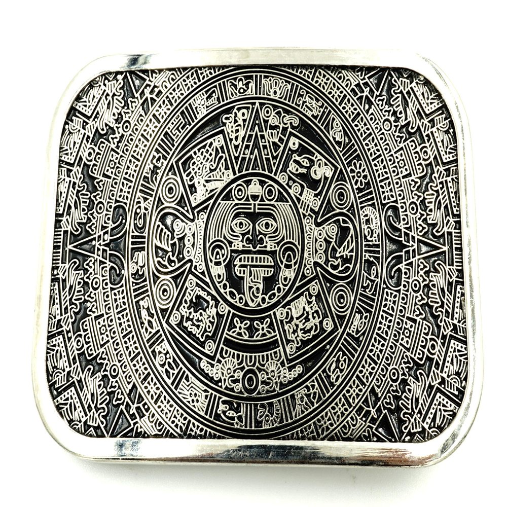 Aztec Mayan Calendar Black/Silver Rectangle Metal Fashion Belt Buckle
