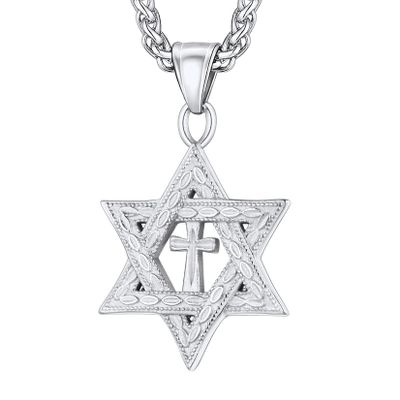 U7 Israel Necklace 316L Stainless Steel Antique Cross Star of David Pendant for Men Wome, Chain 22-24 Inch