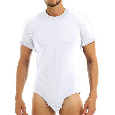 YiZYiF Men's Short Sleeve Undershirt Press Botton Crotch Shirt Bodysuit Undershirts Leotard Round Neck White XX-Large