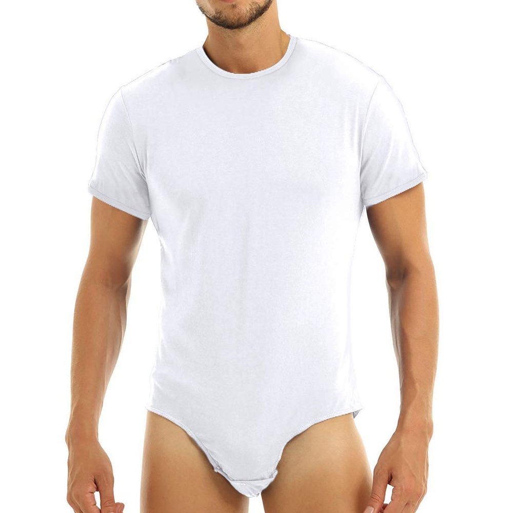 YiZYiF Men's Short Sleeve Undershirt Press Botton Crotch Shirt Bodysuit Undershirts Leotard Round Neck White XX-Large