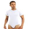YiZYiF Men's Short Sleeve Undershirt Press Botton Crotch Shirt Bodysuit Undershirts Leotard Round Neck White XX-Large view 2