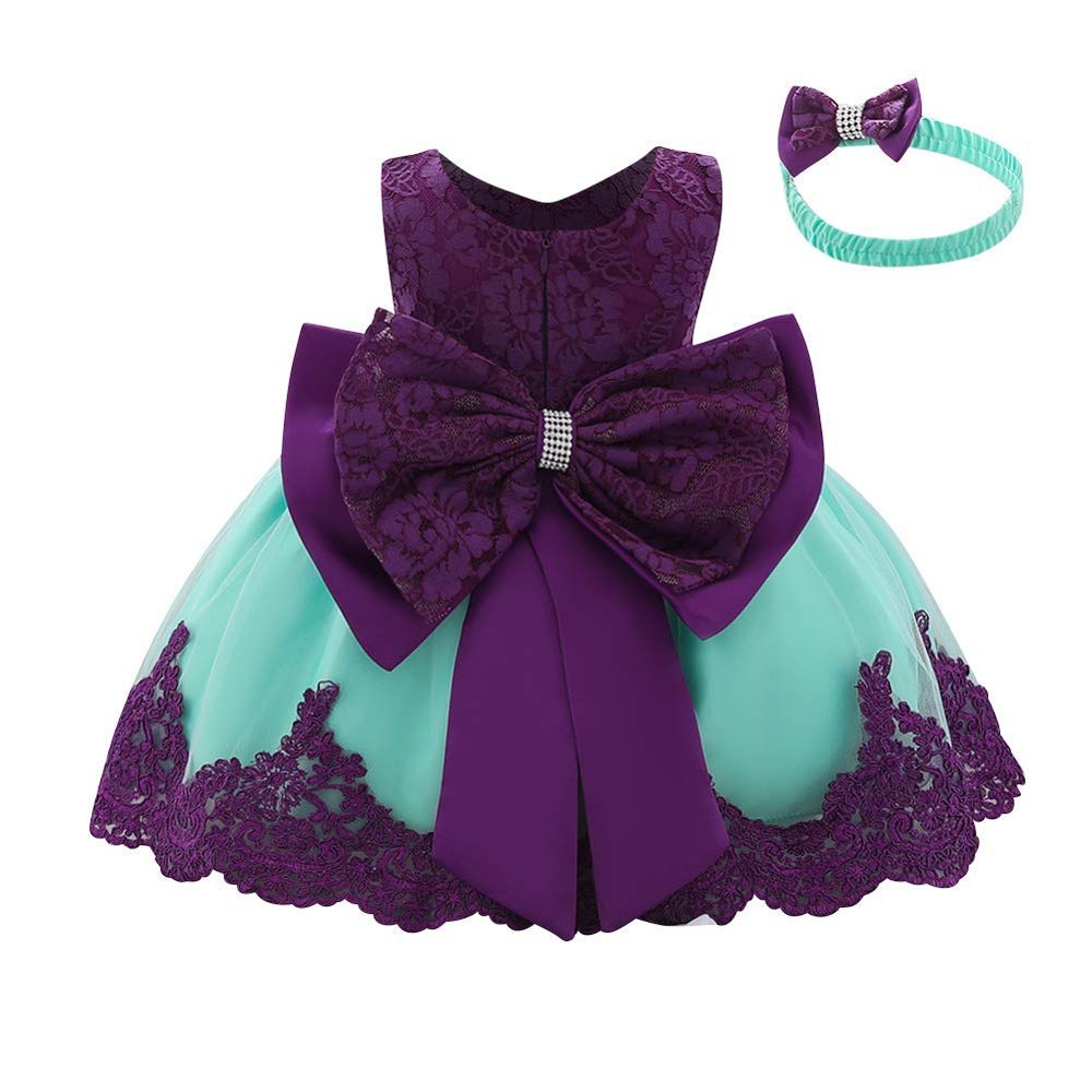 Baby Twin Girls Christening Baptism Gowns + Headband Pageant Wedding Birthday Dress Lace Bowknot Formal Christmas Dresses for Photo Session Purple + Green 18-24 Months