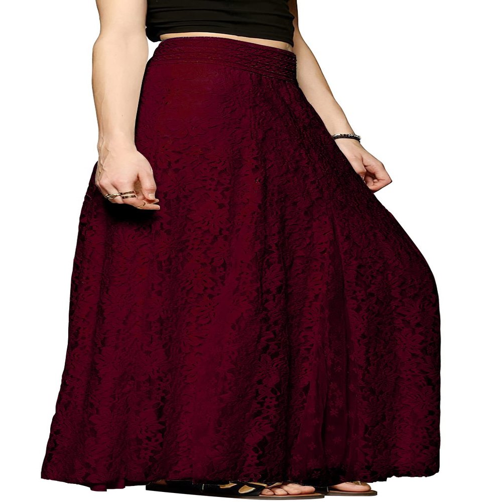 CHARTOU Womens Elegant Floral Lace Elastic High Waist Pleated Maxi Long Beach Skirts (Medium, Red)