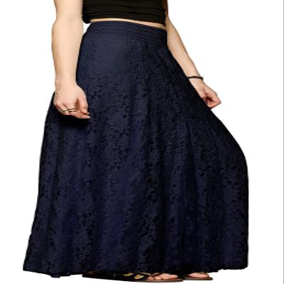 CHARTOU Womens Elegant Floral Lace Elastic High Waist Pleated Maxi Long Beach Skirts (X-Large, Navy)