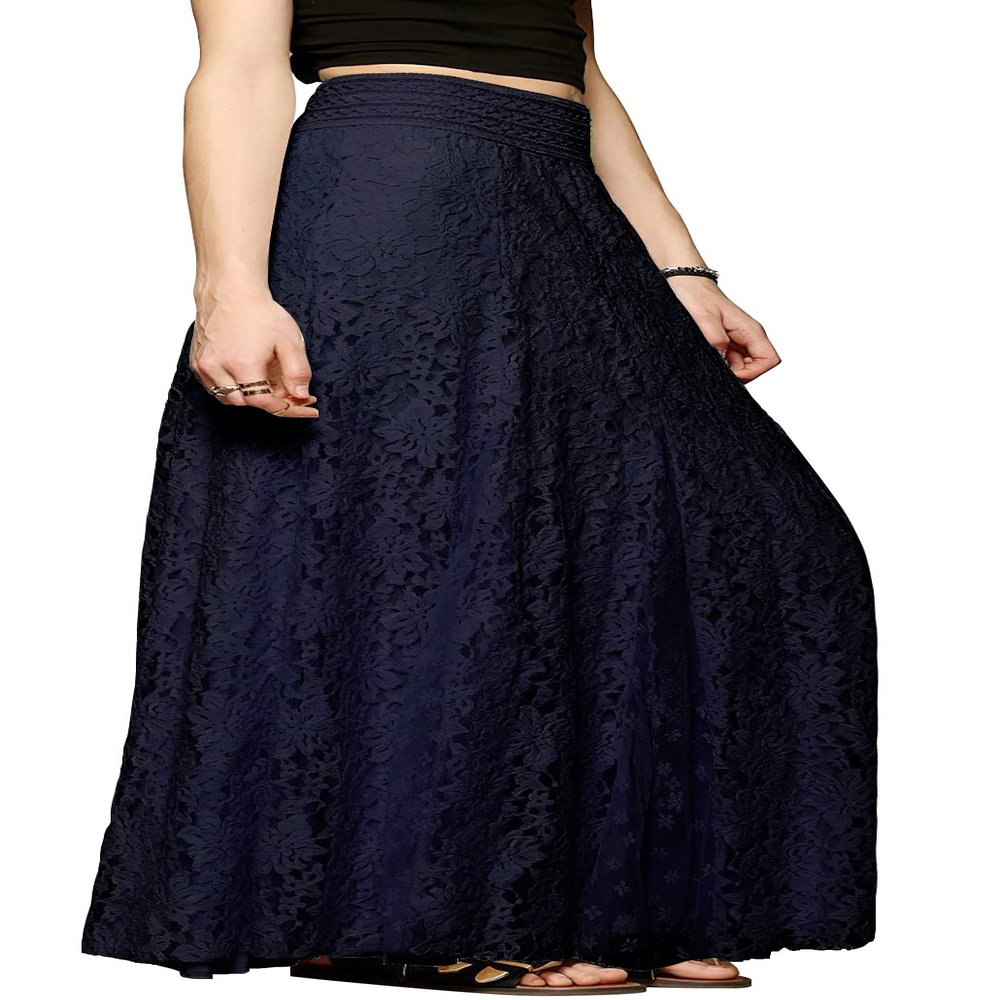 CHARTOU Womens Elegant Floral Lace Elastic High Waist Pleated Maxi Long Beach Skirts (X-Large, Navy)