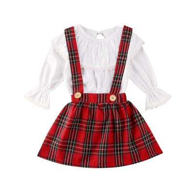 2Pcs Toddler Baby Girl Kids Clothing Set Pink Ruffle Long Sleeve Top + Plaid Suspender Skirt Dress Fall Outfits (White Top & Red Plaid Skirt, 6-12 Months)
