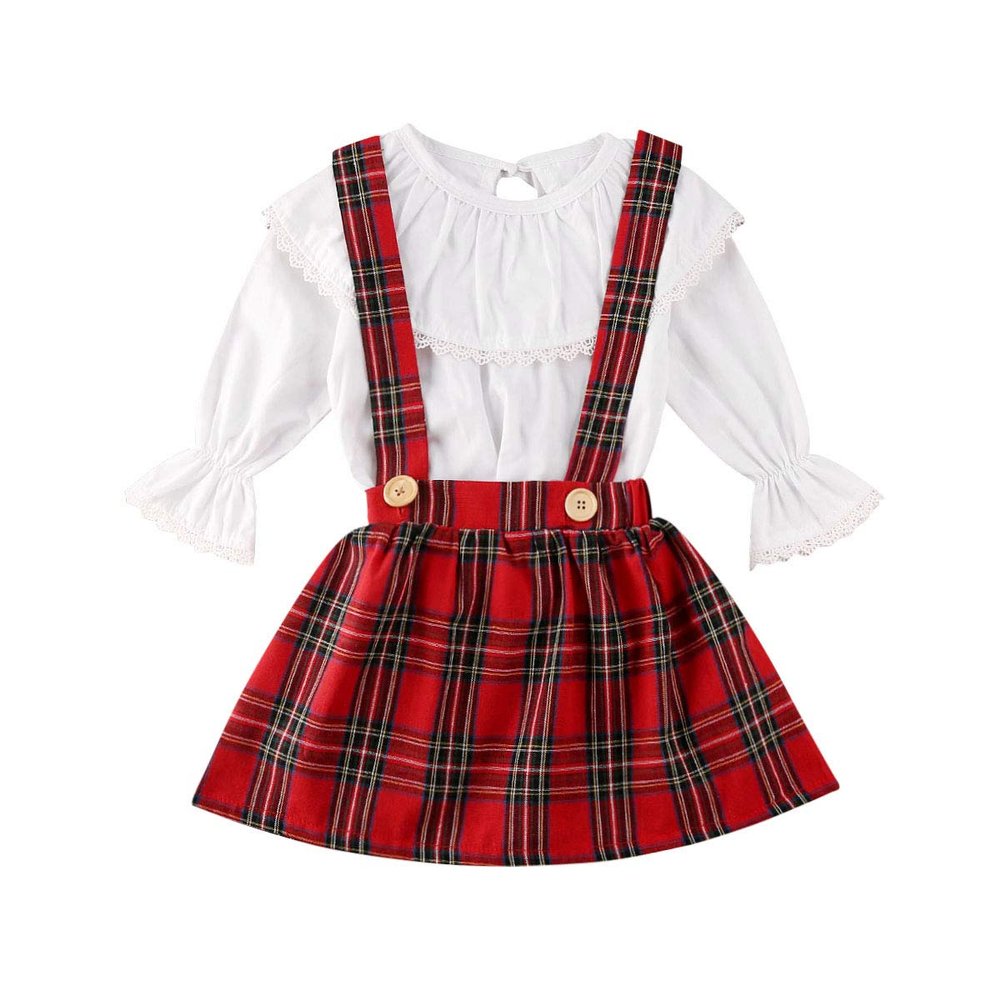 2Pcs Toddler Baby Girl Kids Clothing Set Pink Ruffle Long Sleeve Top + Plaid Suspender Skirt Dress Fall Outfits (White Top & Red Plaid Skirt, 6-12 Months)