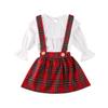 2Pcs Toddler Baby Girl Kids Clothing Set Pink Ruffle Long Sleeve Top + Plaid Suspender Skirt Dress Fall Outfits (White Top & Red Plaid Skirt, 3 Years) view 1